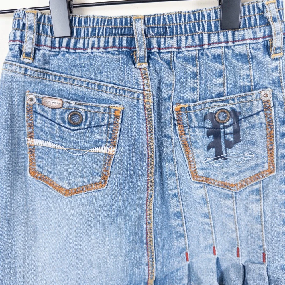 Vintage Y2K Pepe Jeans Denim Skirt Kids Medium 4-5 Blue Gothic Print‎ Pleated